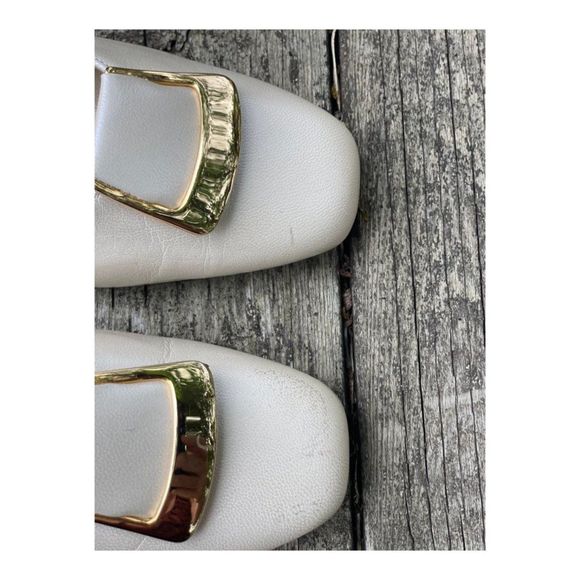 Vintage Magdesians California Pumps Metallic Cream Gold Buckle Square Toe Chunk - Picture 3 of 9